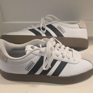 Adidas Women's White and Black Sneakers with Brown Sole